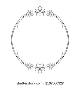 Abstract Black Simple Line Round Circle With Leaf Leaves Frame. Flowers Doodle Outline Element Vector Design Style Sketch Isolated Illustration For Wedding And Banner