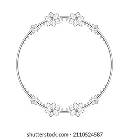 Abstrakter, einfacher Rundkreis mit schwarzen Linien mit Leaf-Blätterrahmen. Blumen Doodle Outline Element Vectordesign Style Skizze einzeln Illustration für Hochzeit und Banner