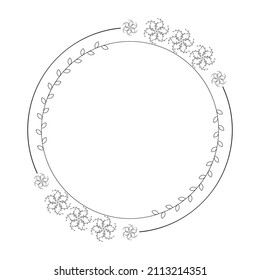 Abstract Black Simple Line Round Circle With Leaf Leaves Frame. Flowers Doodle Outline Element Vector Design Style Sketch Isolated Illustration For Wedding And Banner