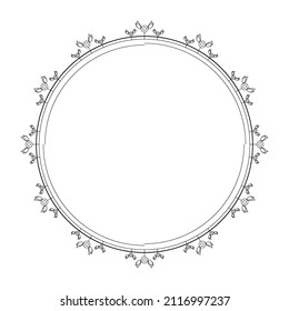 Abstract Black Simple Line Round Circle With Leaf Leaves Frame. Flowers Doodle Outline Element Vector Design Style Sketch Isolated Illustration For Wedding And Banner