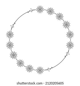 Abstract Black Simple Line Round Circle With Leaf Leaves Frame Flowers Doodle Outline Element Vector Design Style Sketch Isolated Illustration For Wedding And Banner
