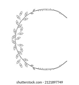 Abstract Black Simple Line Round Circle With Leaf Leaves Frame Flowers Doodle Outline Element Vector Design Style Sketch Isolated Illustration For Wedding And Banner