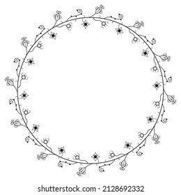 Abstract Black Simple Line Round Circle With Leaf Leaves Frame Flowers Doodle Outline Element Vector Design Style Sketch Isolated Illustration For Wedding And Banner