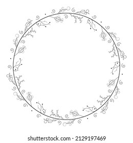 Abstract Black Simple Line Round Circle With Leaf Leaves Frame Flowers Doodle Outline Element Vector Design Style Sketch Isolated Illustration For Wedding And Banner
