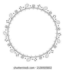 Resumen Círculo Redondo De Línea Sencilla Negra Con Hojas De Hojas Flores De Marco Esbozo De Esbozo De Estilo Vector De Dibujo Aislado Ilustración Para Boda Y Cartel