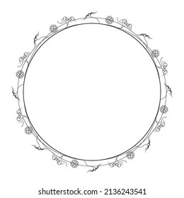 Abstract Black Simple Line Round Circle With Leaf Leaves Frame Flowers Doodle Outline Element Vector Design Style Sketch Isolated Illustration For Wedding And Banner