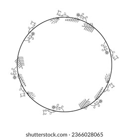 Abstract Black Simple Line Round Circle With Leaf Leaves Frame Flowers Doodle Outline Element Vector Design Style Sketch Isolated Illustration For Wedding And Banner