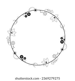 Abstract Black Simple Line Round Circle With Leaf Leaves Frame Flowers Doodle Outline Element Vector Design Style Sketch Isolated Illustration For Wedding And Banner