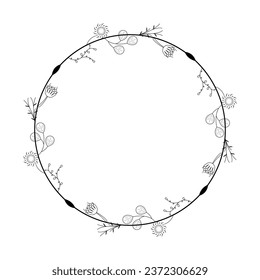 Abstract Black Simple Line Round Circle With Leaf Leaves Frame Flowers Doodle Outline Element Vector Design Style Sketch Isolated Illustration For Wedding And Banner