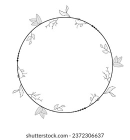 Abstract Black Simple Line Round Circle With Leaf Leaves Frame Flowers Doodle Outline Element Vector Design Style Sketch Isolated Illustration For Wedding And Banner