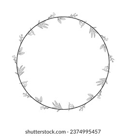 Abstract Black Simple Line Round Circle With Leaf Leaves Frame Flowers Doodle Outline Element Vector Design Style Sketch Isolated Illustration For Wedding And Banner