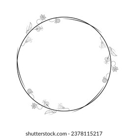 Abstract Black Simple Line Round Circle With Leaf Leaves Frame Flowers Doodle Outline Element Vector Design Style Sketch Isolated Illustration For Wedding And Banner