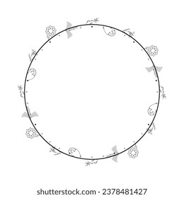Abstract Black Simple Line Round Circle With Leaf Leaves Frame Flowers Doodle Outline Element Vector Design Style Sketch Isolated Illustration For Wedding And Banner