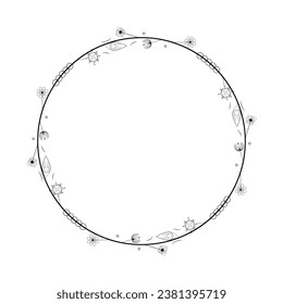 Abstract Black Simple Line Round Circle With Leaf Leaves Frame Flowers Doodle Outline Element Vector Design Style Sketch Isolated Illustration For Wedding And Banner