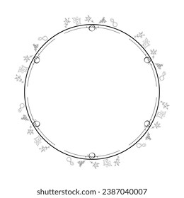 Abstract Black Simple Line Round Circle With Leaf Leaves Frame Flowers Doodle Outline Element Vector Design Style Sketch Isolated Illustration For Wedding And Banner
