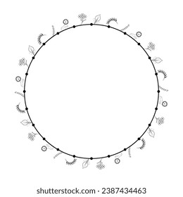 Abstract Black Simple Line Round Circle With Leaf Leaves Frame Flowers Doodle Outline Element Vector Design Style Sketch Isolated Illustration For Wedding And Banner