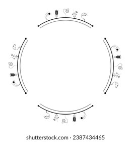 Abstract Black Simple Line Round Circle With Leaf Leaves Frame Flowers Doodle Outline Element Vector Design Style Sketch Isolated Illustration For Wedding And Banner