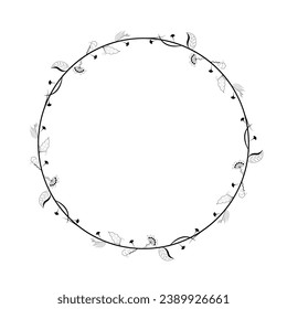 Abstract Black Simple Line Round Circle With Leaf Leaves Frame Flowers Doodle Outline Element Vector Design Style Sketch Isolated Illustration For Wedding And Banner