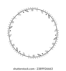 Abstract Black Simple Line Round Circle With Leaf Leaves Frame Flowers Doodle Outline Element Vector Design Style Sketch Isolated Illustration For Wedding And Banner