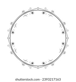Abstract Black Simple Line Round Circle With Leaf Leaves Frame Flowers Doodle Outline Element Vector Design Style Sketch Isolated Illustration For Wedding And Banner
