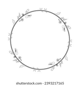 Resumen Círculo Redondo De Línea Sencilla Negra Con Hojas De Hojas Flores De Marco Esbozo De Esbozo De Estilo Vector De Dibujo Aislado Ilustración Para Boda Y Cartel