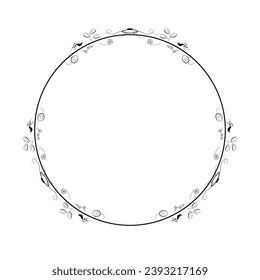 Abstract Black Simple Line Round Circle With Leaf Leaves Frame Flowers Doodle Outline Element Vector Design Style Sketch Isolated Illustration For Wedding And Banner