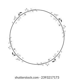 Resumen Círculo Redondo De Línea Sencilla Negra Con Hojas De Hojas Flores De Marco Esbozo De Esbozo De Estilo Vector De Dibujo Aislado Ilustración Para Boda Y Cartel