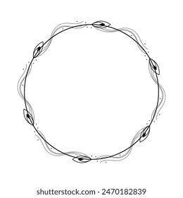 Abstract Black Simple Line Round Circle With Leaf Leaves Frame Flowers Doodle Outline Element Vector Design Style Sketch Isolated Illustration For Wedding And Banner
