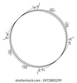 Abstract Black Simple Line Round Circle With Leaf Leaves Frame Flowers Doodle Outline Element Vector Design Style Sketch Isolated Illustration For Wedding And Banner