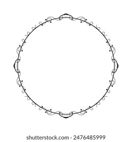 Abstract Black Simple Line Round Circle With Leaf Leaves Frame Flowers Doodle Outline Element Vector Design Style Sketch Isolated Illustration For Wedding And Banner