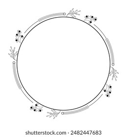 Abstractas Negro Línea Simple Círculo Redondo Con Hojas De Hoja Marco Flores Doodle Elemento De Contorno De Diseño De Vector Esbozo Ilustración Aislada Para Boda Y Anuncio