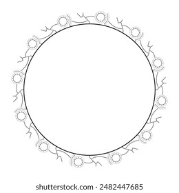 Abstractas Negro Línea Simple Círculo Redondo Con Hojas De Hoja Marco Flores Doodle Elemento De Contorno De Diseño De Vector Esbozo Ilustración Aislada Para Boda Y Anuncio