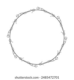 Abstract Black Simple Line Round Circle With Leaf Leaves Frame Flowers Doodle Outline Element Vector Design Style Sketch Isolated Illustration For Wedding And Banner