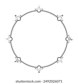 Abstract Black Simple Line Round Circle With Leaf Leaves Frame Flowers Doodle Outline Element Vector Design Style Sketch Isolated Illustration For Wedding And Banner