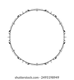 Abstract Black Simple Line Round Circle With Leaf Leaves Frame Flowers Doodle Outline Element Vector Design Style Sketch Isolated Illustration For Wedding And Banner