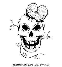 Abstract Black Simple Line Skull With Flowers Doodle Outline Element Vector Design Style Sketch Isolated On White Background Illustration Bones, Botanic, Skeleton