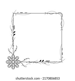 Abstract Black Simple Line Square With Leaf Leaves Frame Flowers Doodle Outline Element Vector Design Style Sketch Isolated Illustration For Wedding And Banner