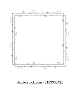Abstract Black Simple Line Square With Leaf Leaves Frame Flowers Doodle Outline Element Vector Design Style Sketch Isolated Illustration For Wedding And Banner