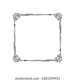 Abstract Black Simple Line Square With Leaf Leaves Frame Flowers Doodle Outline Element Vector Design Style Sketch Isolated Illustration For Wedding And Banner