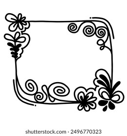 Abstract Black Simple Line square Circle With Leaf Leaves Frame Flowers Doodle Outline Element Wedding, stickers, cards  And Banner