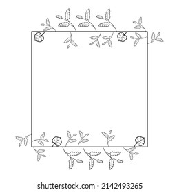 Abstract Black Simple Line Suqare With Leaf Leaves Frame Flowers Doodle Outline Element Vector Design Style Sketch Isolated Illustration For Wedding And Banner