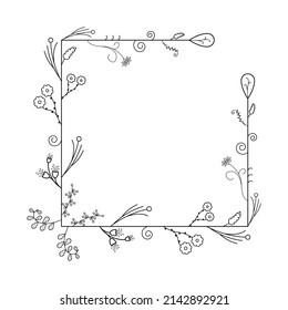 Abstrakte Schwarze einfache Linie Suqare mit Blättern Rahmen Blumen Doodle-Element Vectordesign Stil Skizze isoliert Illustration für Hochzeit und Banner