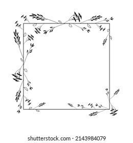 Abstract Black Simple Line Suqare With Leaf Leaves Frame Flowers Doodle Outline Element Vector Design Style Sketch Isolated Illustration For Wedding And Banner