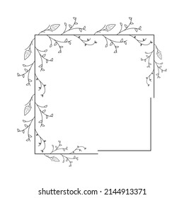 Abstrakte Schwarze einfache Linie Suqare mit Blättern Rahmen Blumen Doodle-Element Vectordesign Stil Skizze isoliert Illustration für Hochzeit und Banner