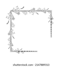 Abstract Black Simple Line Suqare With Leaf Leaves Frame Flowers Doodle Outline Element Vector Design Style Sketch Isolated Illustration For Wedding And Banner