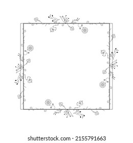 Abstrakte Schwarze einfache Linie Suqare mit Blättern Rahmen Blumen Doodle-Element Vectordesign Stil Skizze isoliert Illustration für Hochzeit und Banner