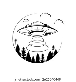 Abstract Black Simple Line Ufo Alines Doodle Outline Element Vector Design Style Sketch Isolated On White Background Illustration Galaxy, Space, Universe