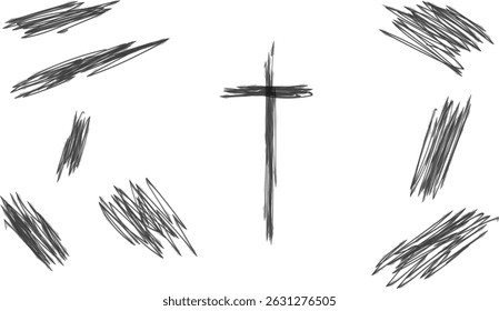 Abstract black sketch illustration featuring various brush strokes and a central cross symbol, conveying themes of spirituality and artistic expression with dynamic textures and shapes