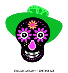 Abstract black skull in hat. For day of the dead, postcards, print, holiday.