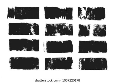 Abstract black smear of paint isolated on white background. Rectangular spot created with paint roller and black acrylic. Rectangular text box. Hand drawn textured design elements